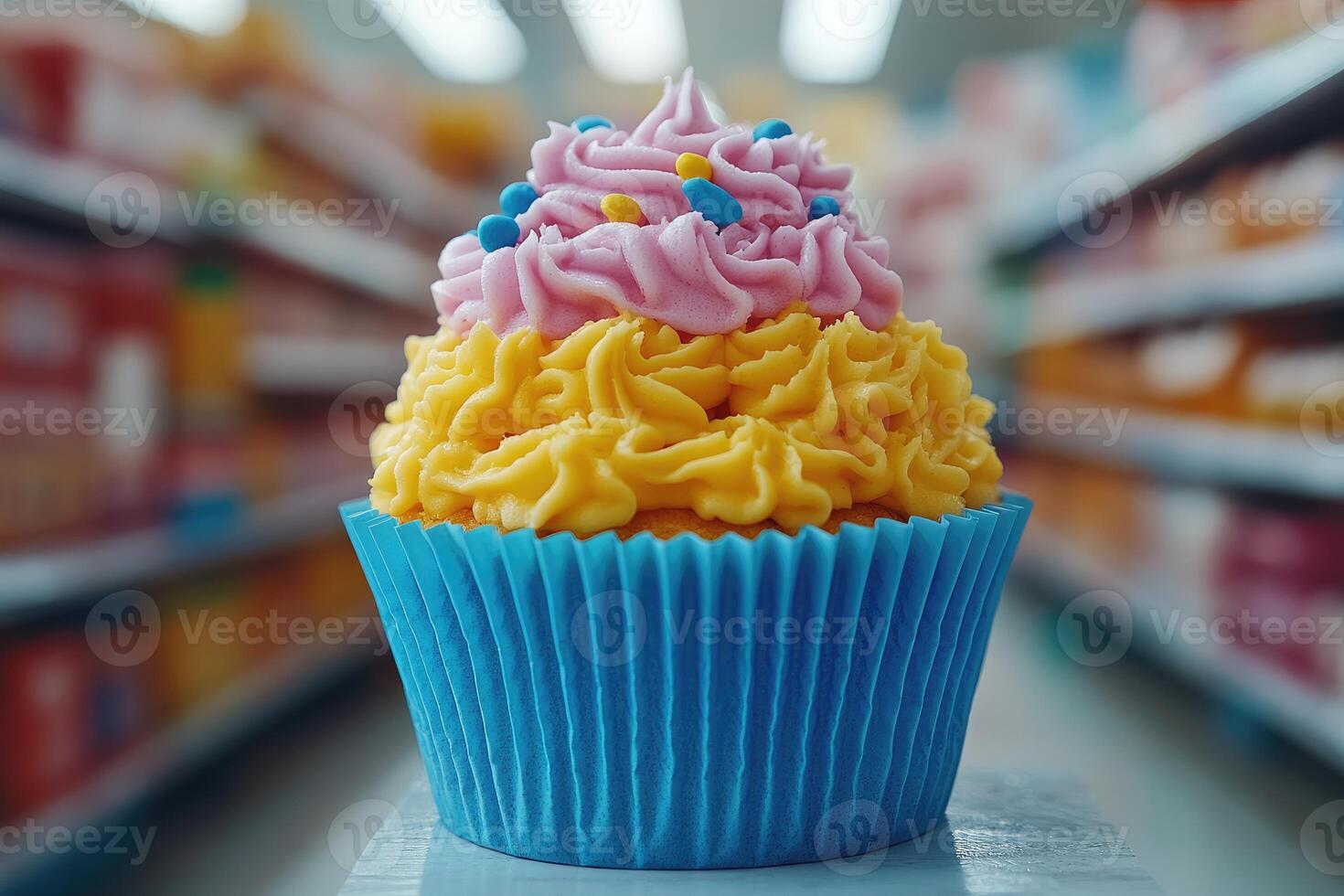 A Colorful Cupcake on a Shelf in a Blurred Supermarket Aisle photo
