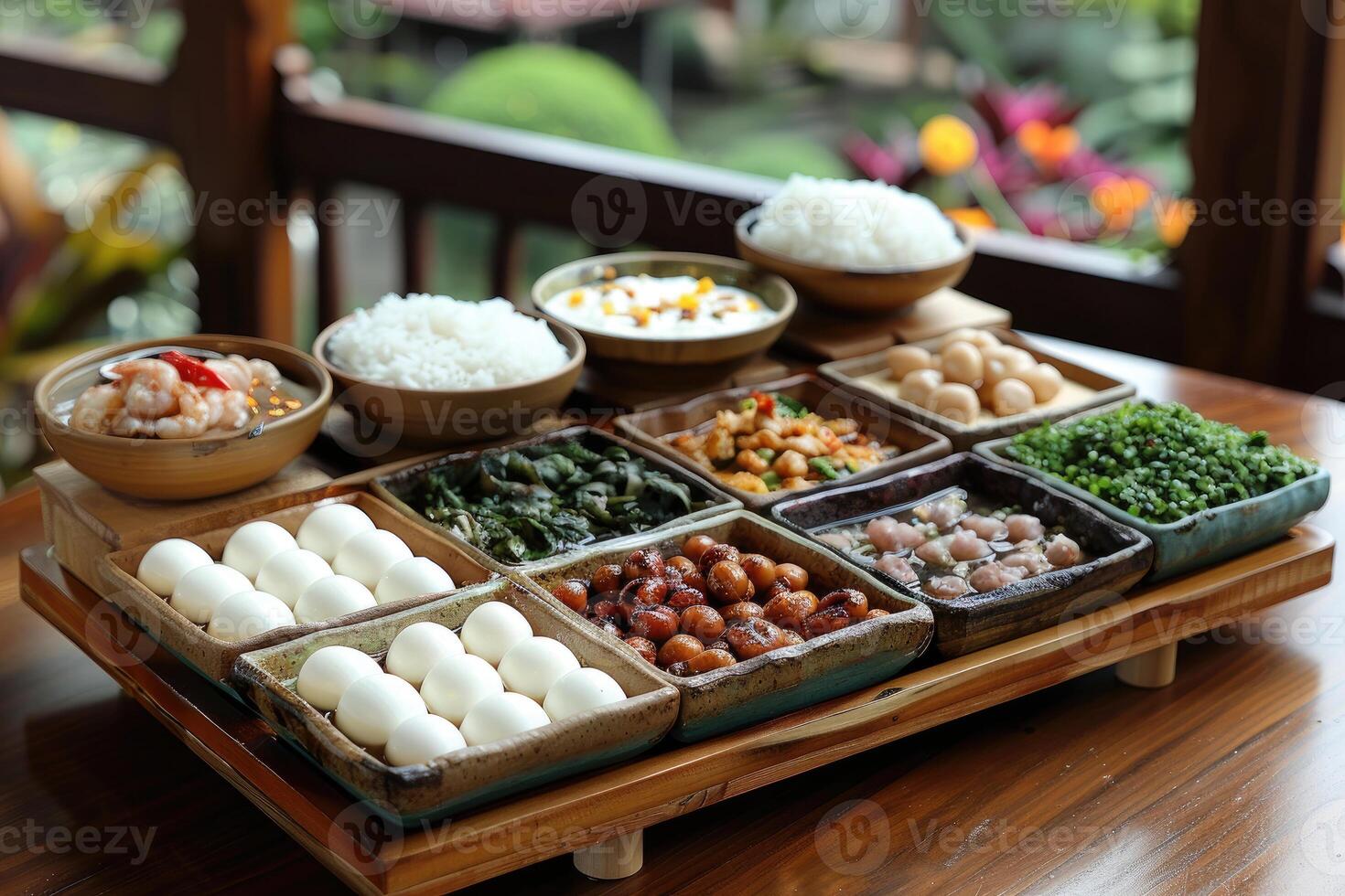 A Wooden Tray of Various Dishes and Food Items photo