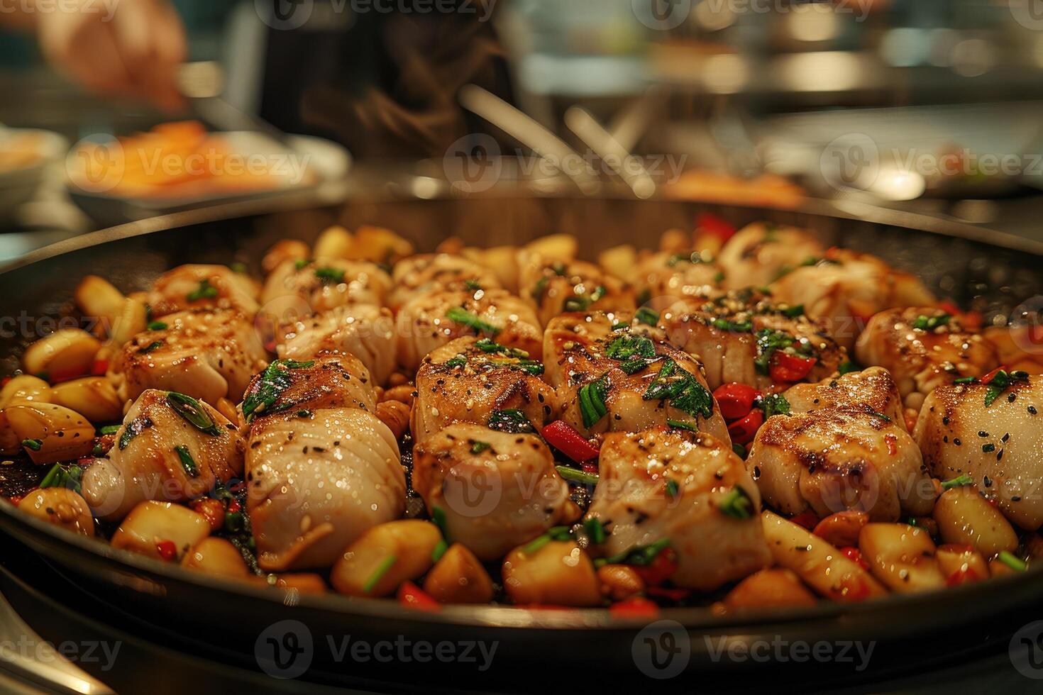 Close-up of Sauteed Scallops with Garlic, Peppers, and Herbs in a Pan photo