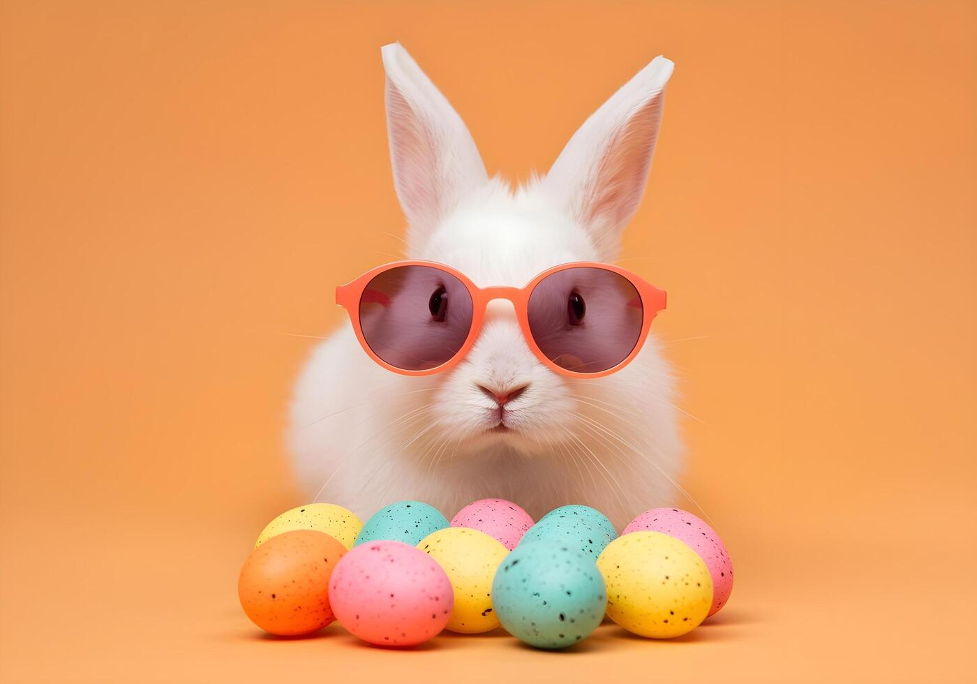 Easter bunny with sunglasses and colorful eggs on orange background photo