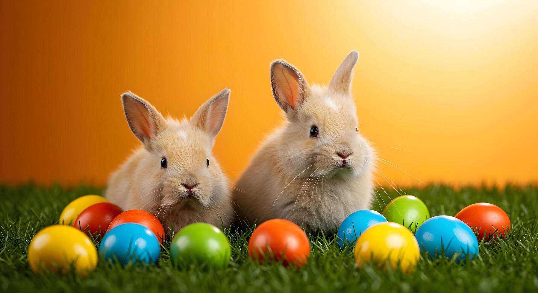 Two adorable bunnies with colorful Easter eggs photo