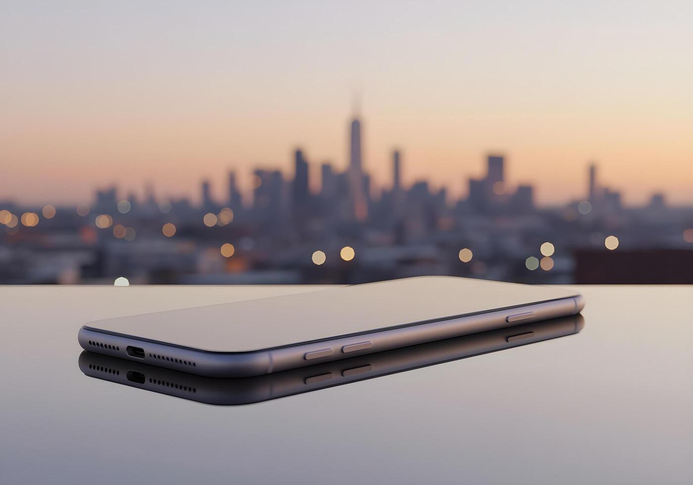 Smartphone on reflective surface with a blurred cityscape backdrop at dusk photo