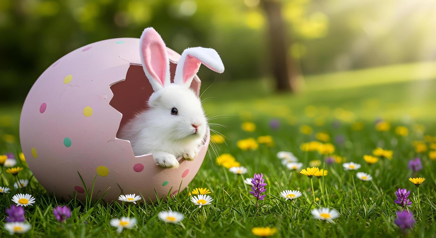 Easter Bunny Peeking Out of an Egg in a Spring Garden photo