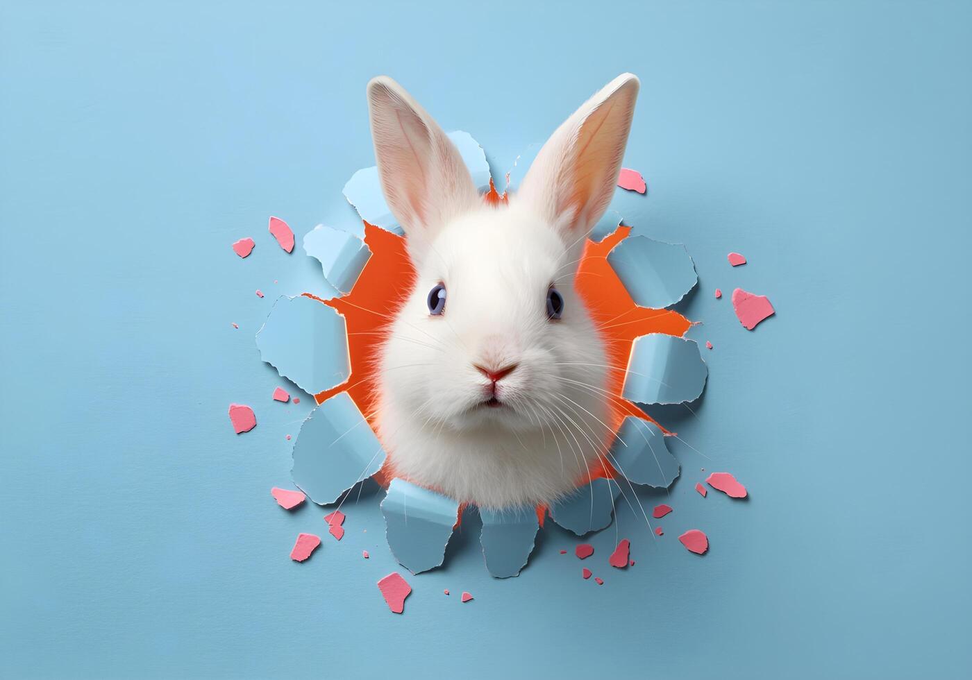 A cute white fluffy rabbit head with long ears, bright blue eyes bursting through a hole in a pastel blue wall photo