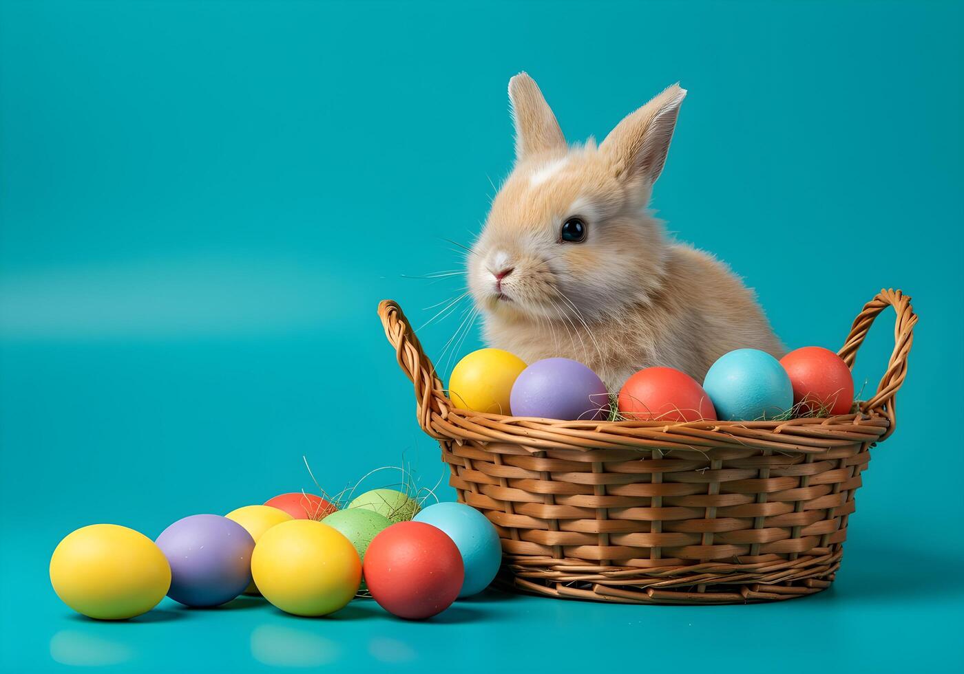 Easter Cute Bunny in a Basket with Colorful Eggs photo