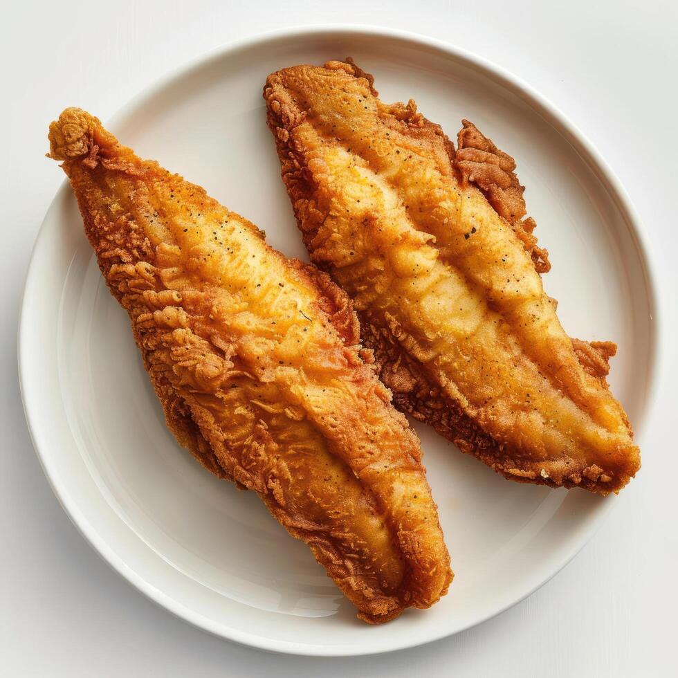 Two golden fried pieces of meat, possibly breaded fish, served on a white plate. photo