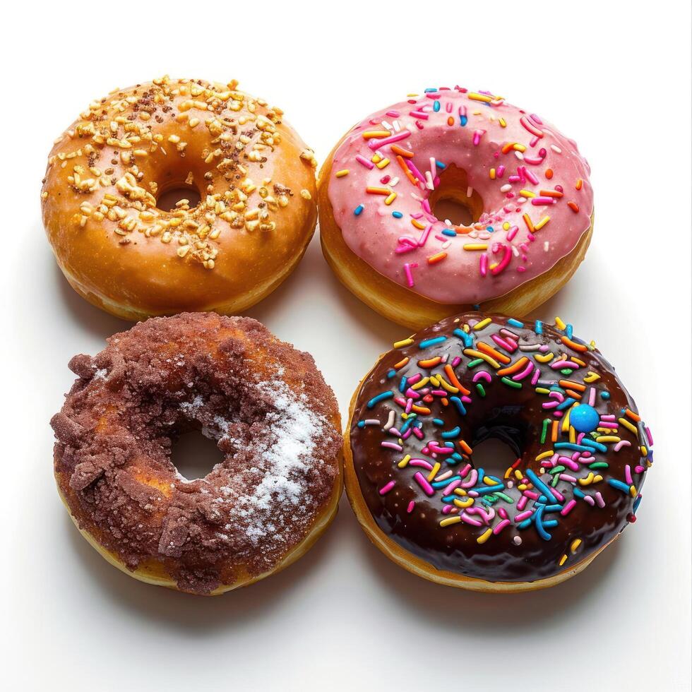 A selection of six delectable donuts in a row, each unique and flavorful. photo