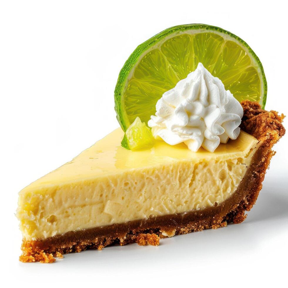 A delicious slice of key lime pie garnished with whipped cream and a lemon wedge. photo