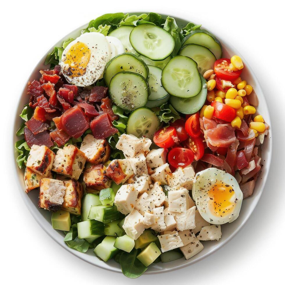 A vibrant and nutritious salad comprising of a variety of vegetables, tofu, meat, and cheese. photo