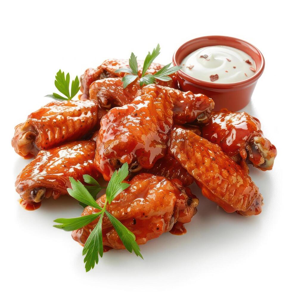 Six pieces of buffalo wings with a dipping sauce and a spice leaf garnish. photo