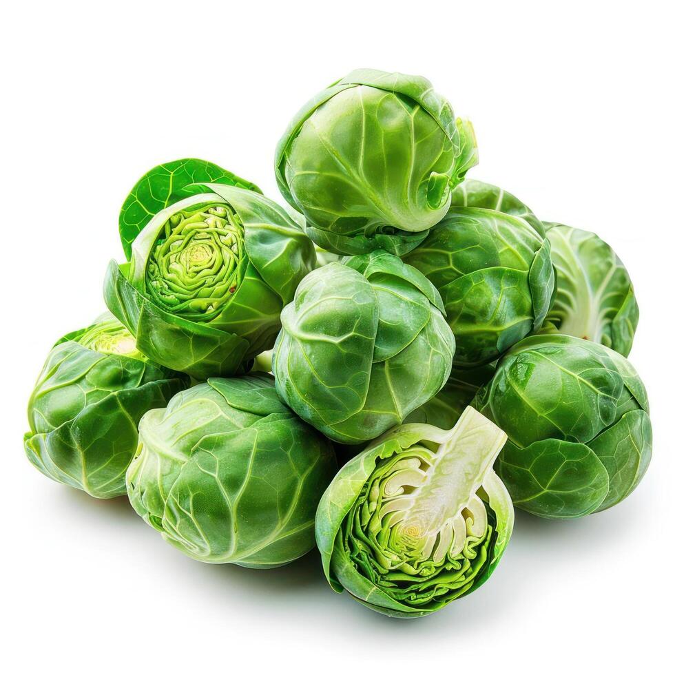 A close-up shot of green and purple brussels sprouts. There are eight sprouts visible in the photo, photo