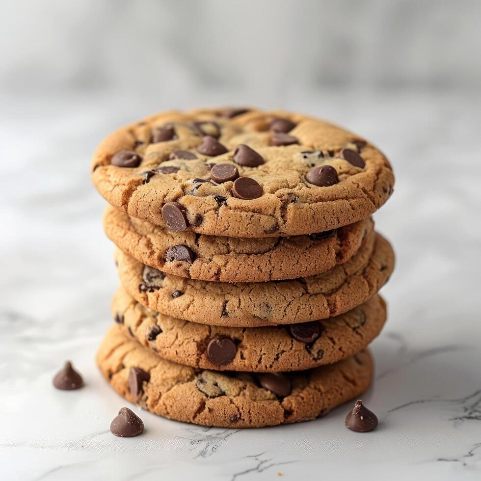 a delicious stack of chocolate chip cookies on a white marble surface. photo