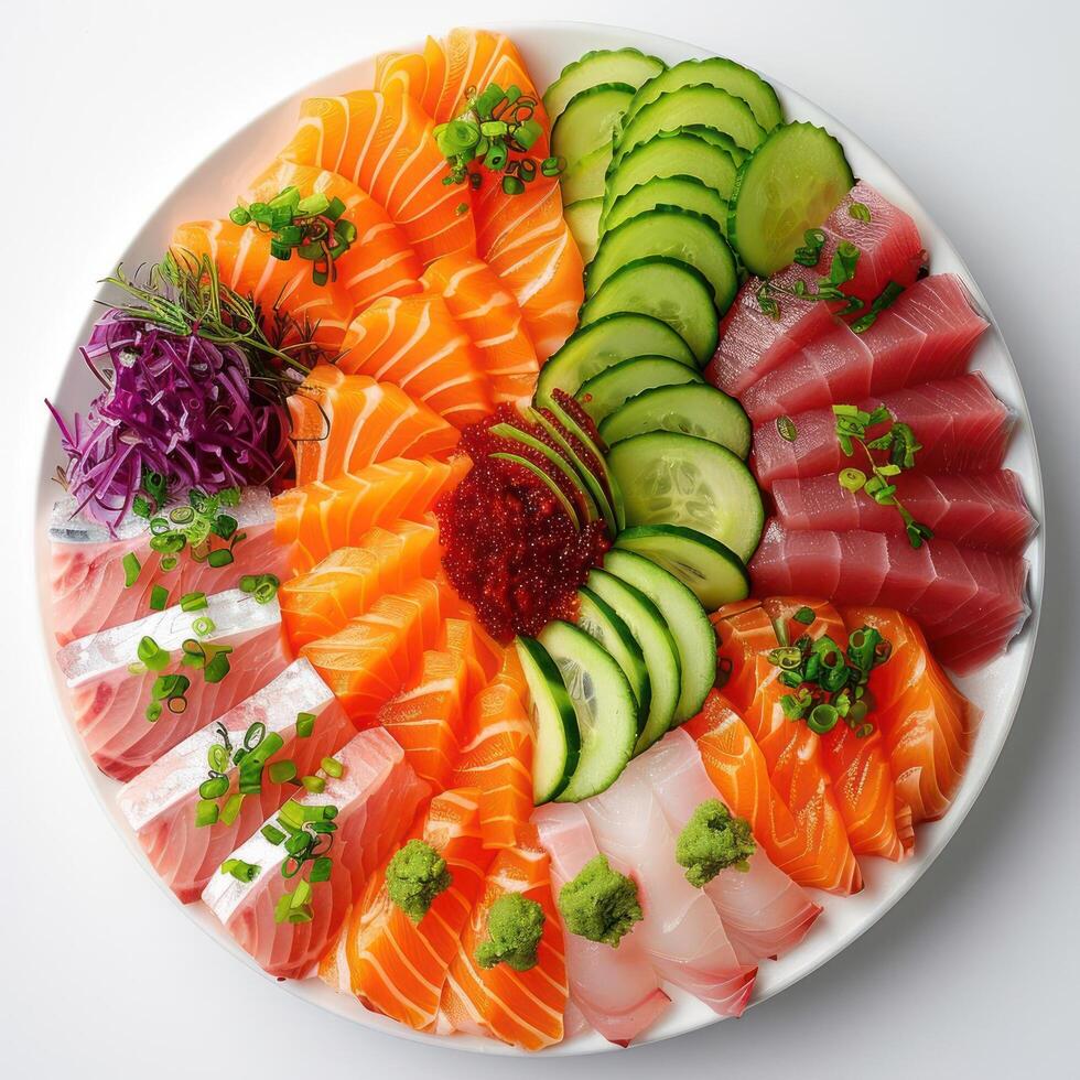 A round plate of sushi, topped with a variety of ingredients including fish, vegetables, photo