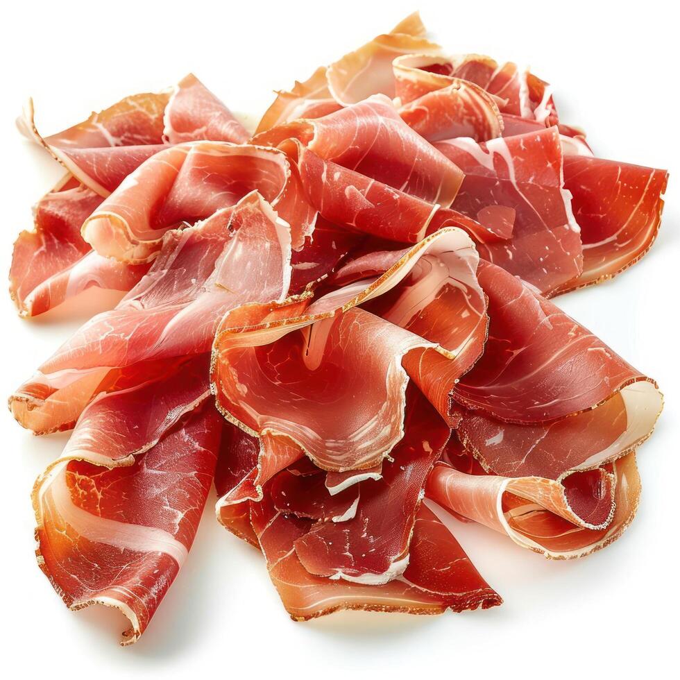 Pile of pink cured ham slices in a paper wrapper, ready to be sold. photo