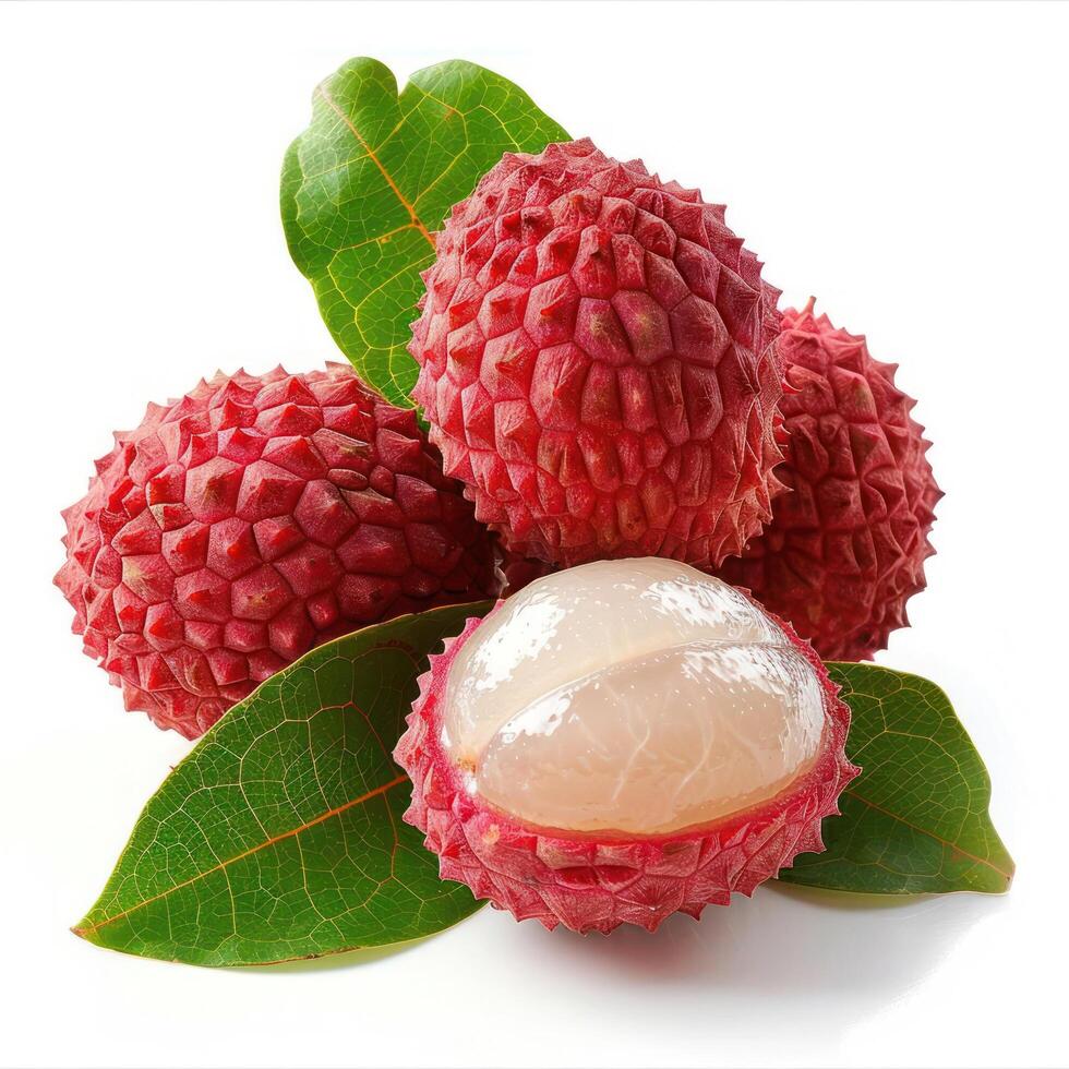 A close-up image of ripe red rambutan fruit, exhibiting a few pearls and leaves. photo