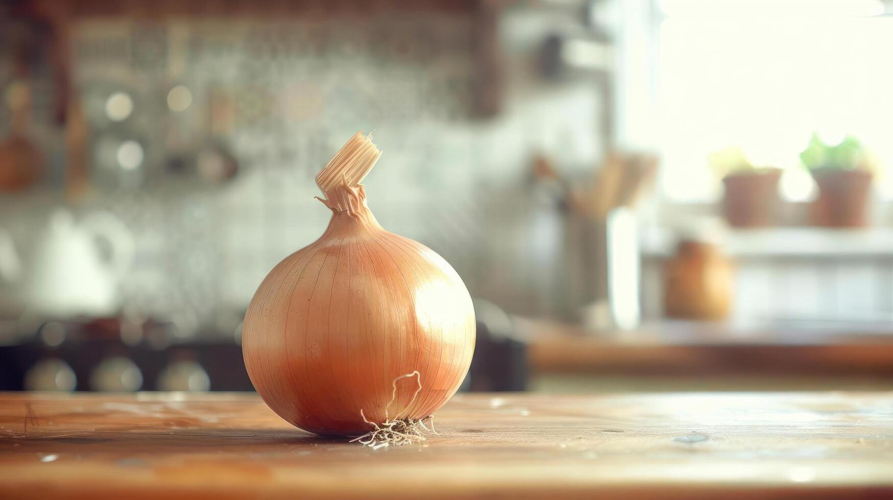 An onion sits on a wooden table in a kitchen photo