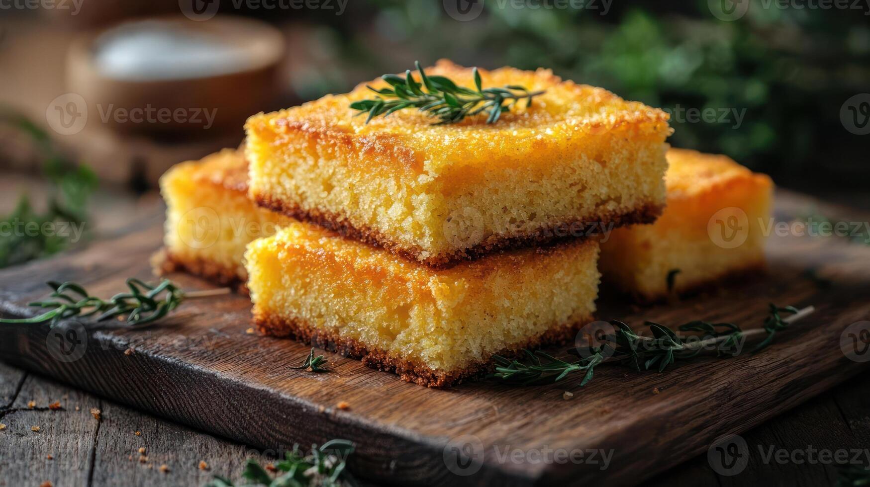 stacked squares of cornbread on a wooden cutting board photo