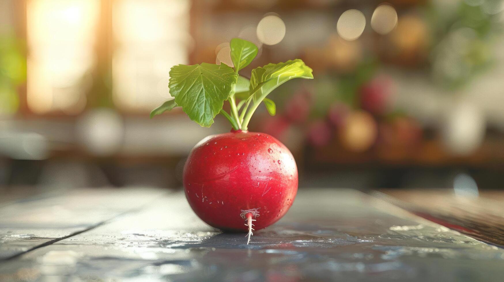 A radish on a table with a leaf photo