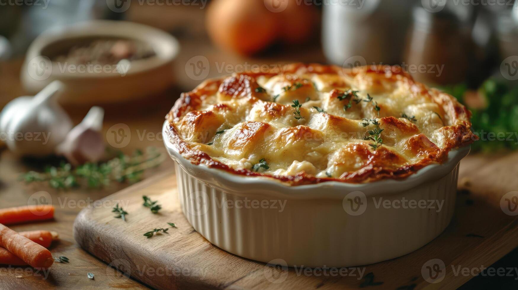 a white ramekin with a golden-brown crust photo