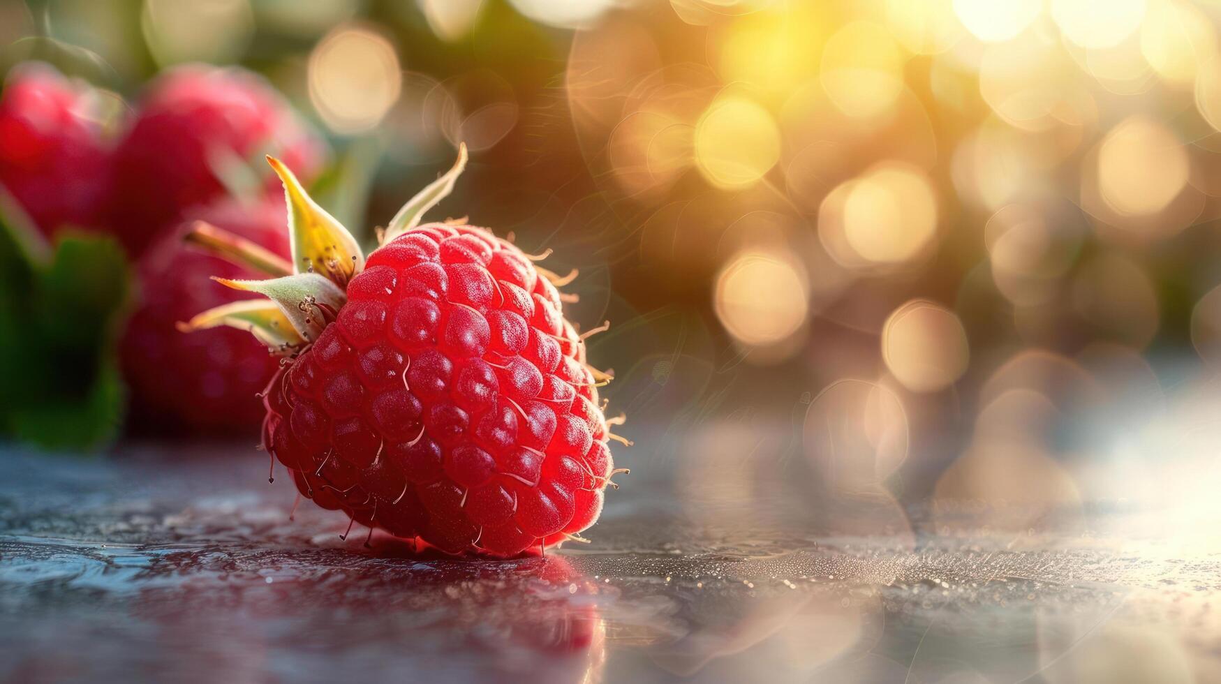 Fresh raspberries on the table with sunlight photo