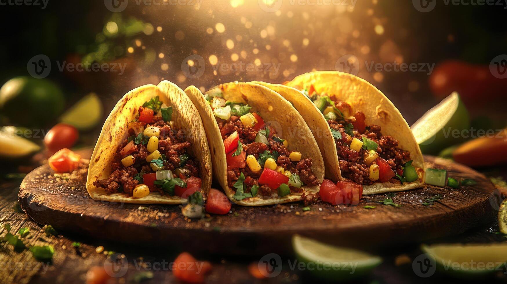 Tacos with meat and vegetables on a wooden table. photo