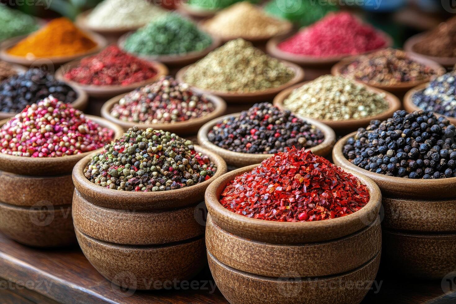 Assortment of Colorful Spices in Wooden Bowls on a Wooden Table photo