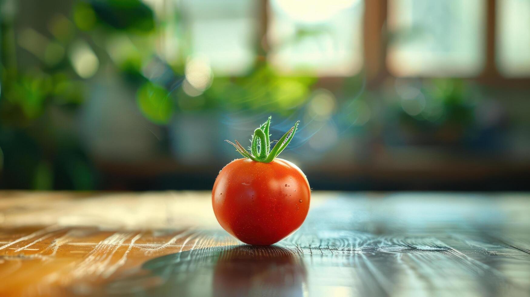 a tomato sitting on a table with a plant in the background photo