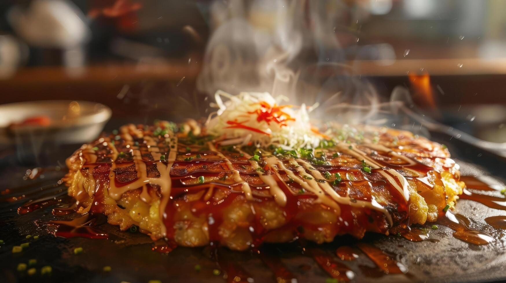 a large piece of food on a grill with sauce photo