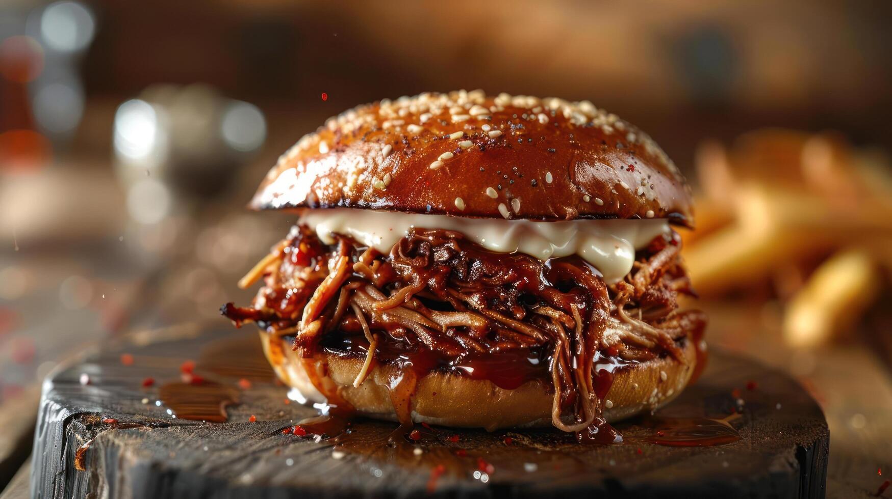a pulled pork sandwich with cheese and sauce on a wooden board photo