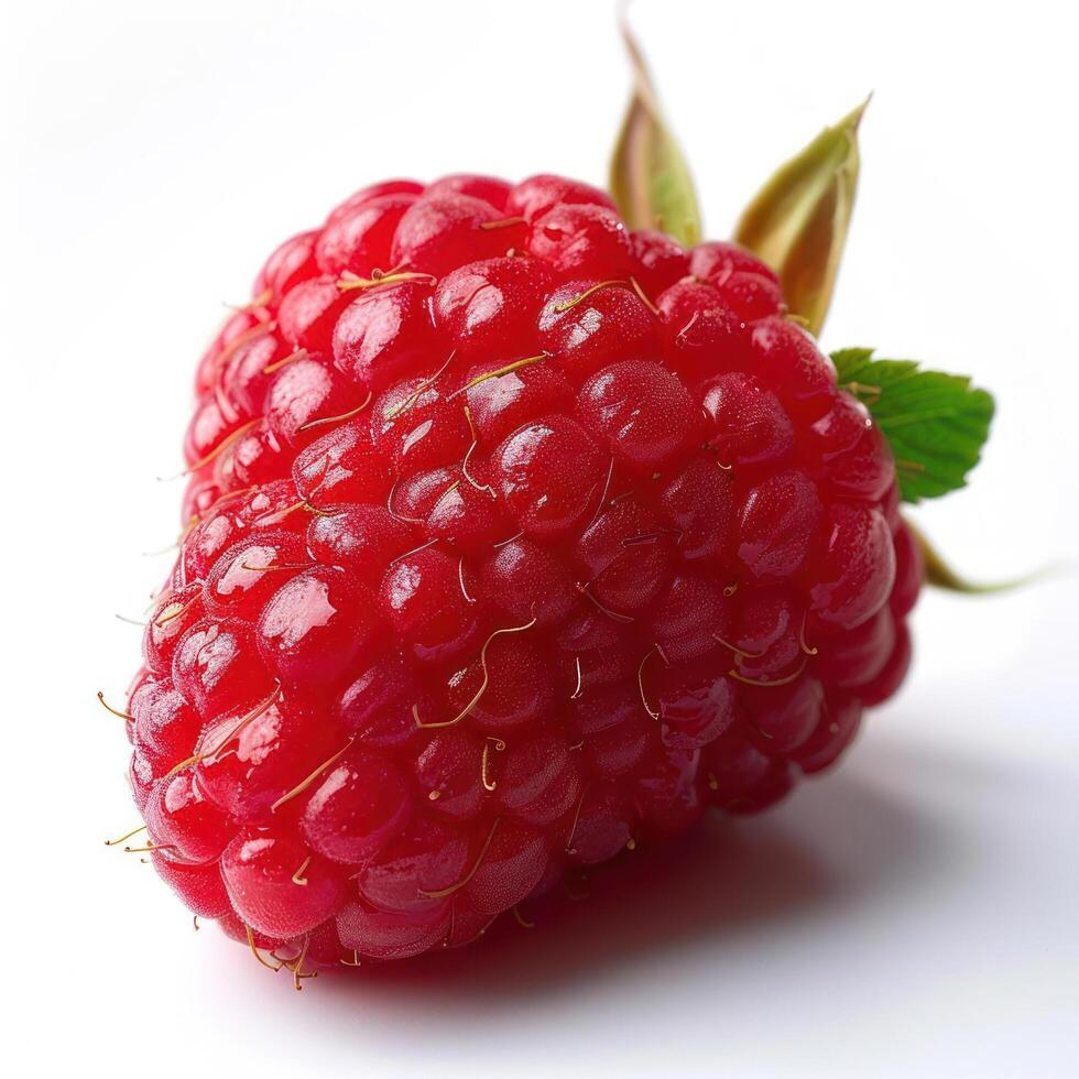 Fresh red raspberries with visible moisture droplets, indicating ripeness. photo