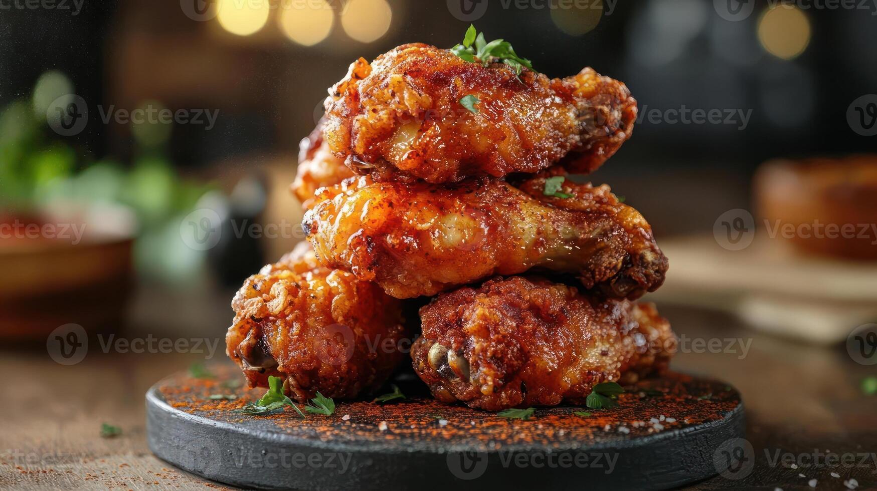 A stack of fried chicken wings with a sauce photo