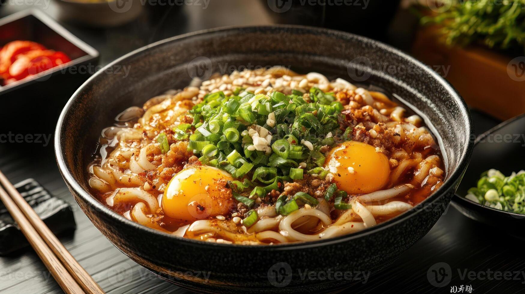 Bowl of steaming hot udon noodles with soft-boiled eggs and fresh vegetables. photo