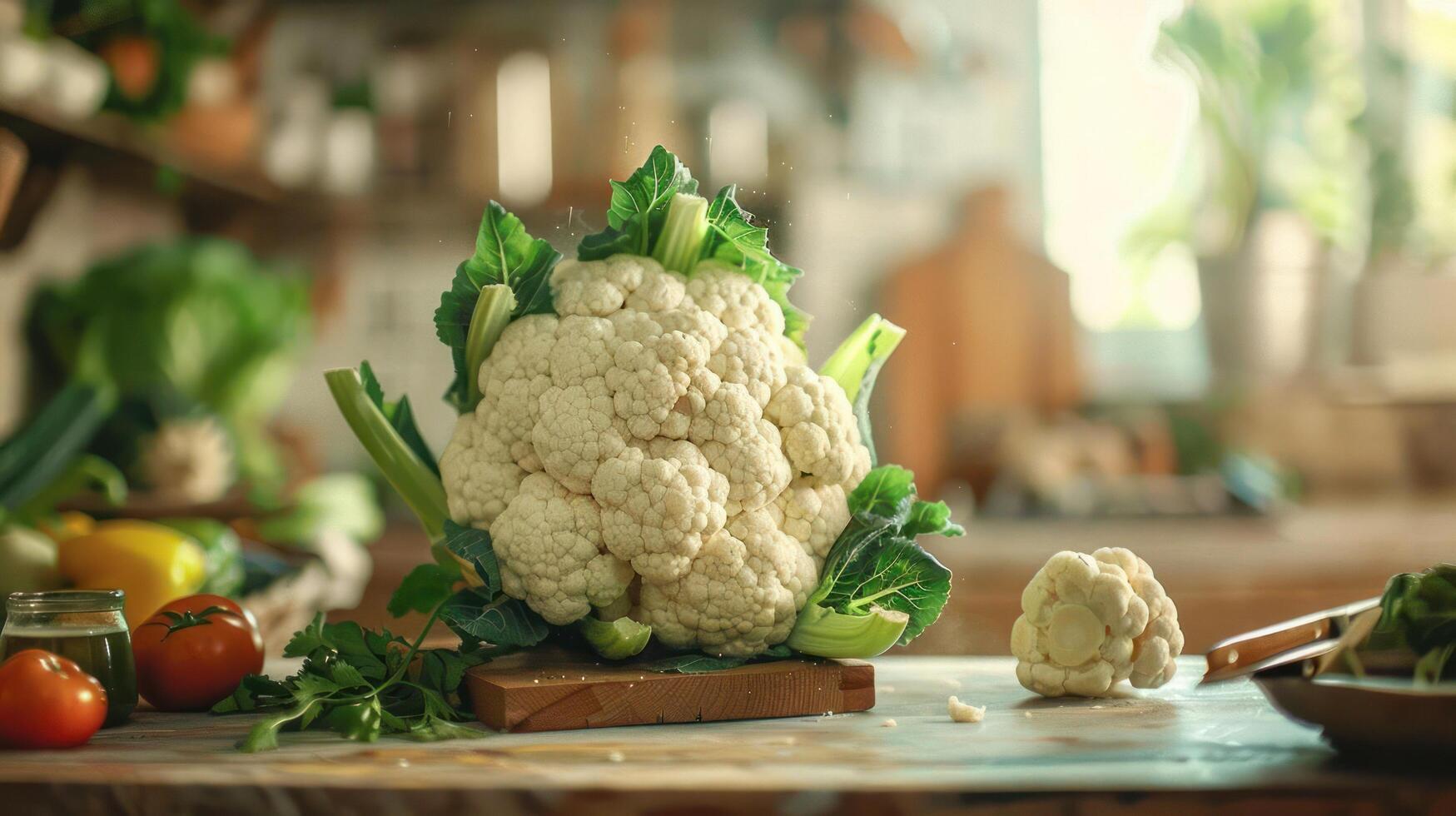 a cauliflower on a cutting board with other vegetables photo