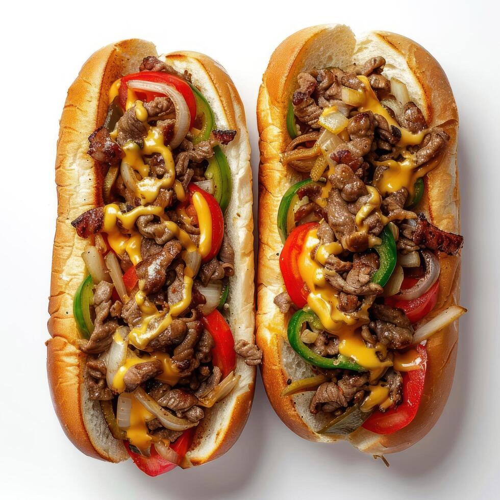Two hot dogs loaded with meat, cheese, and various vegetables. photo
