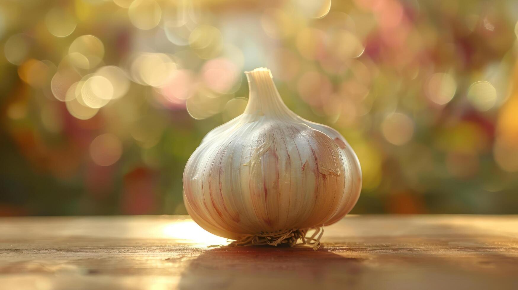 a garlic bulb sitting on a table in front of a blurry background photo