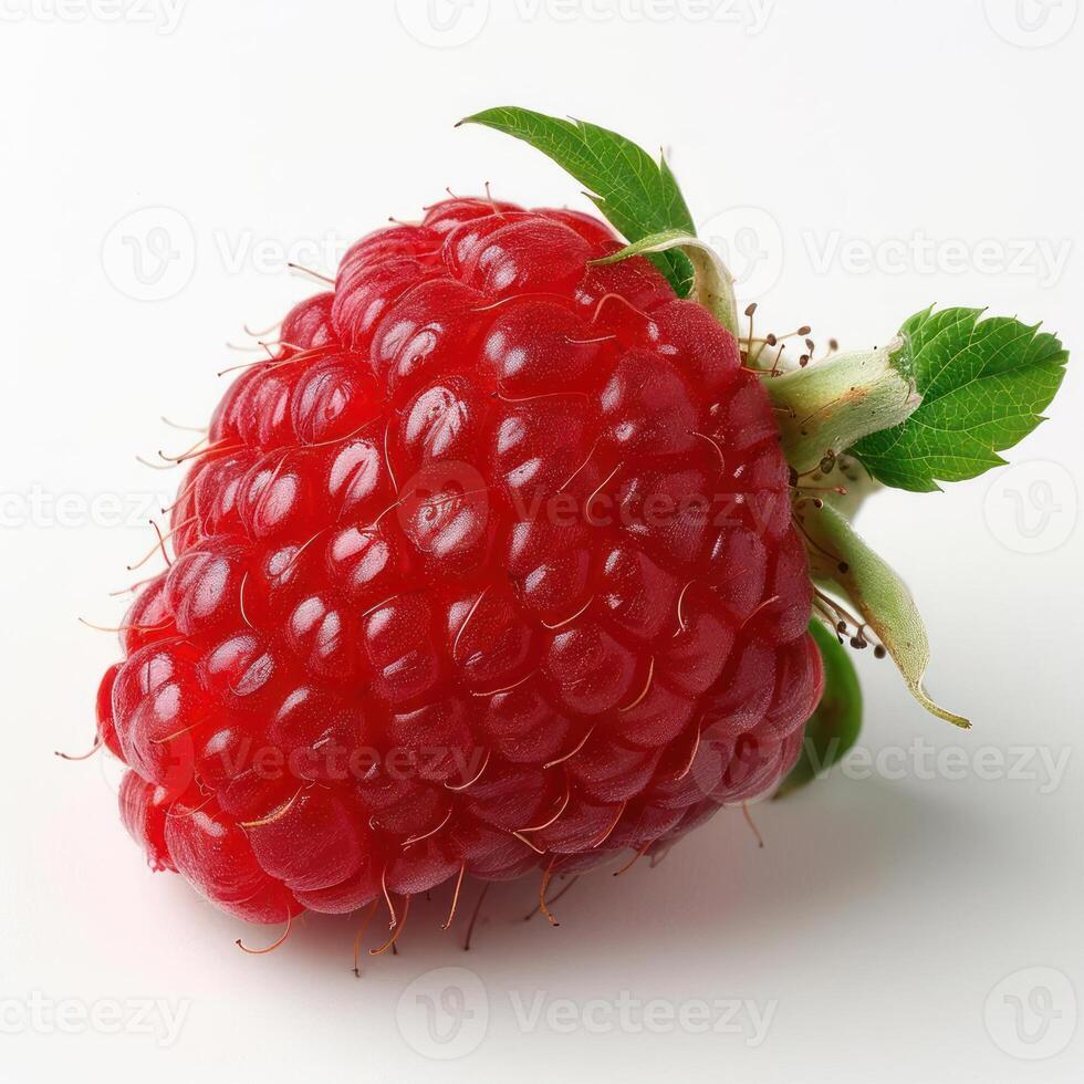 A close-up of a raspberry with green leaves. photo