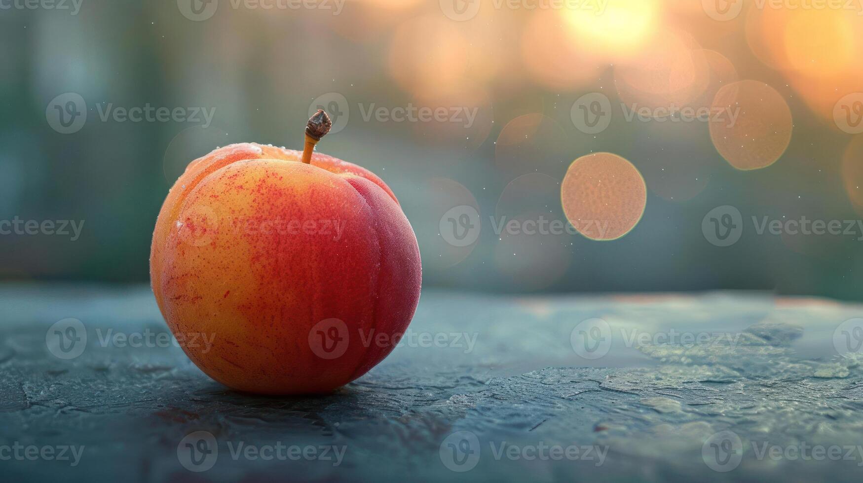A peach on a table with bokeh photo