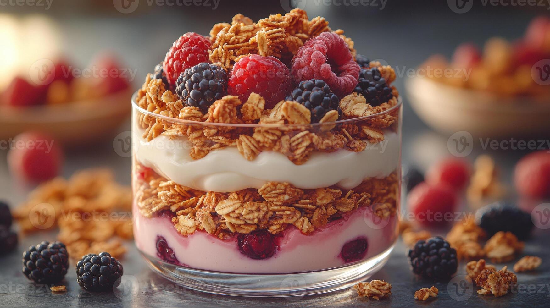 Delicious layered parfait with creamy greek yogurt, crunchy granola, and fresh berries, including raspberries and blackberries photo