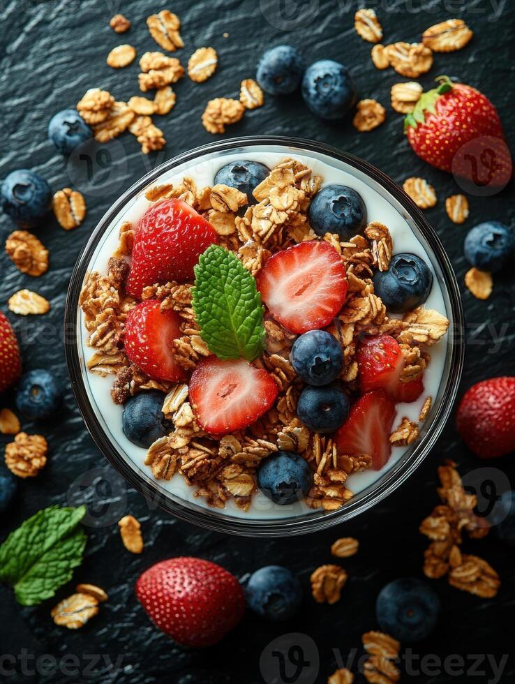Bowl of creamy yogurt topped with fresh strawberries, blueberries, granola, and mint leaf, placed on dark textured surface photo