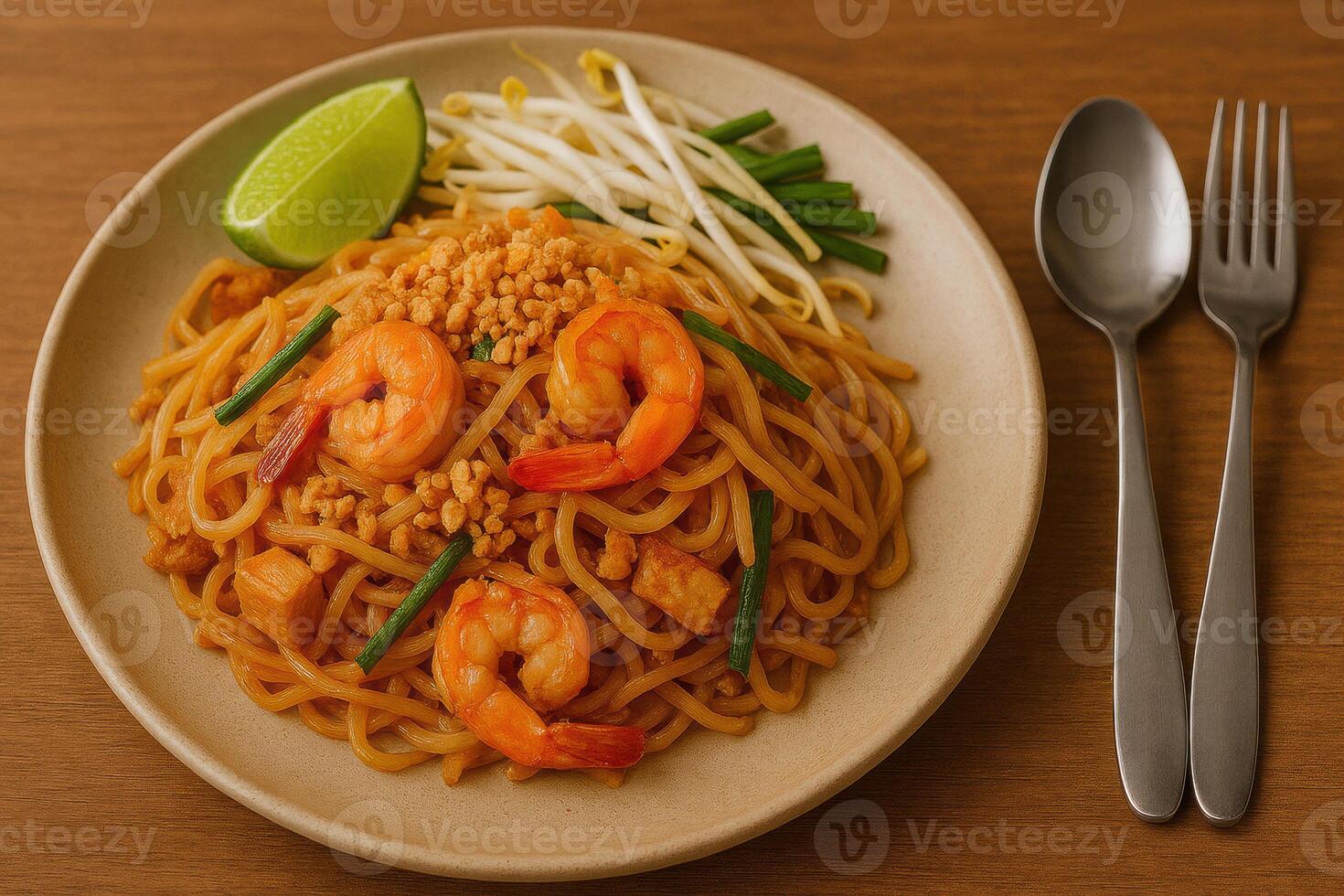 Pad Thai. Plate of delicious stir fried noodles with shrimp, bean sprouts, lime, and garnished with crispy toppings, served wooden table photo