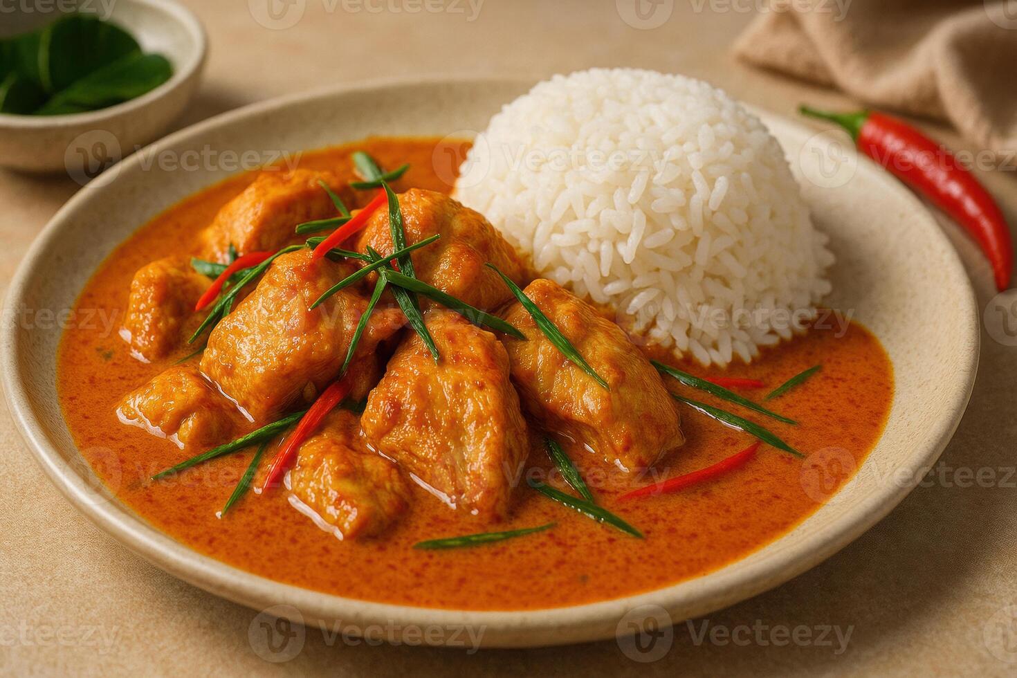 Plate of Panang or Thai red curry with tender chicken pieces, garnished with kaffir lime leaves and served with steamed white rice photo