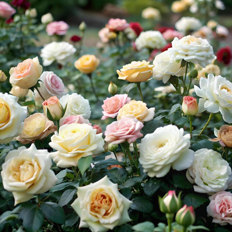 A large group of roses in a garden photo