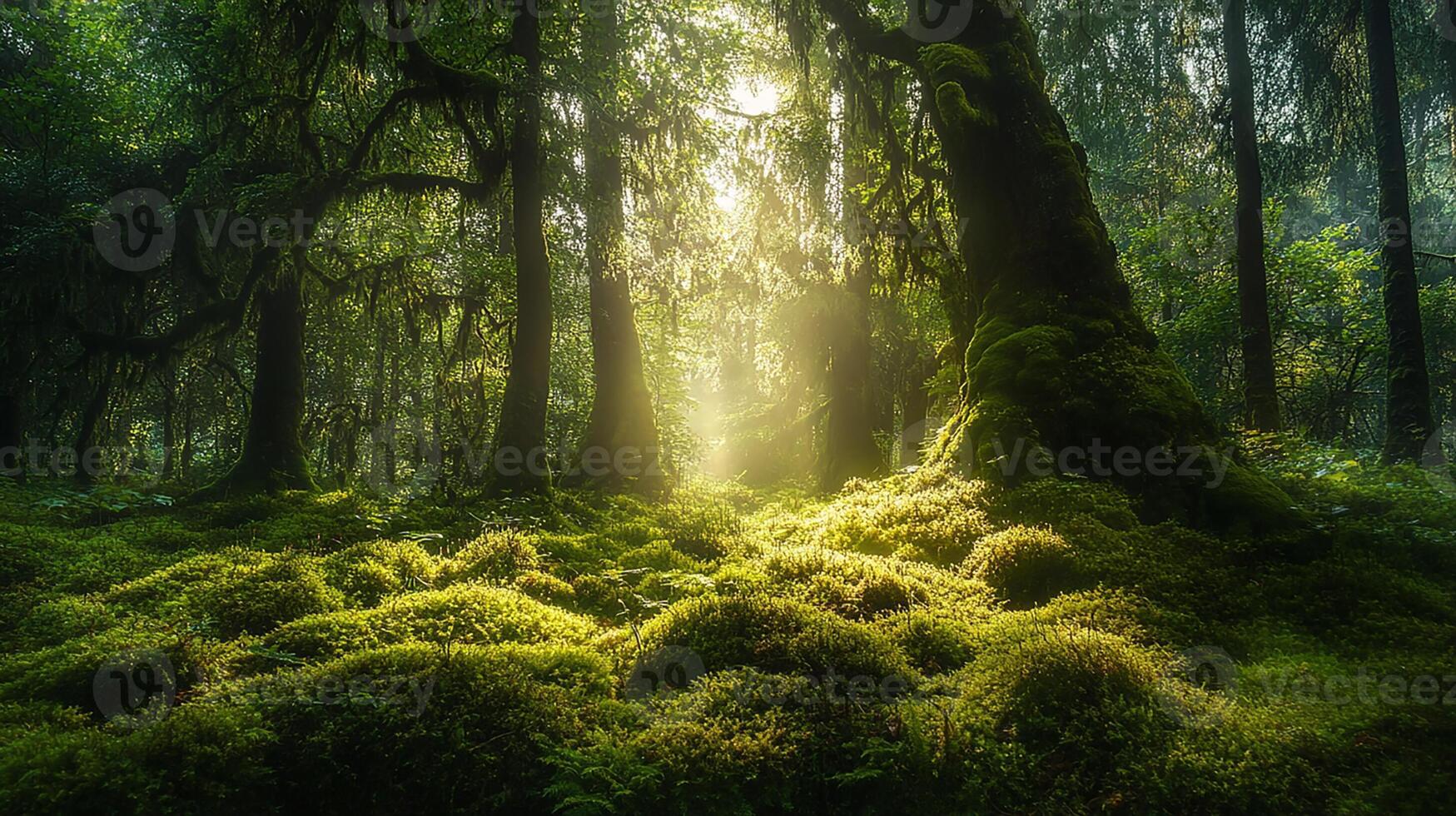 Green Forest with Sunlight and Moss-Covered Trees. Lush Nature Scene photo