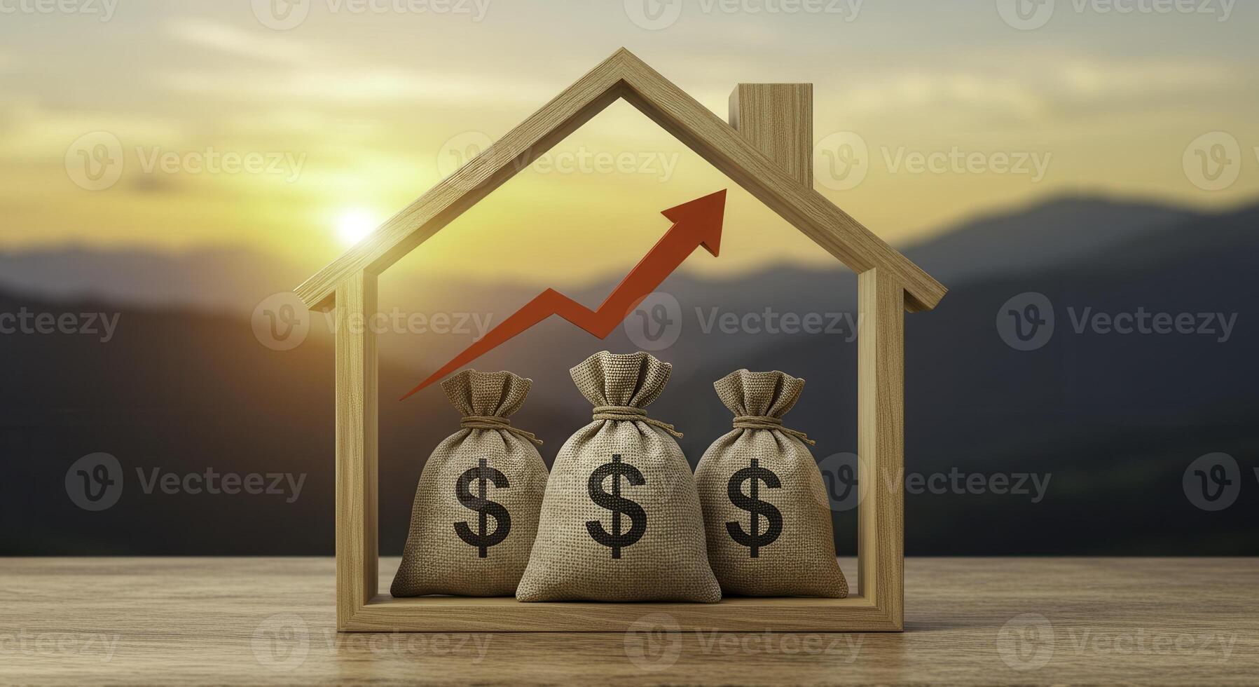 Real estate investment concept. House frame with money bags and upward trending arrow. Property value increasing. Financial growth in housing market. photo