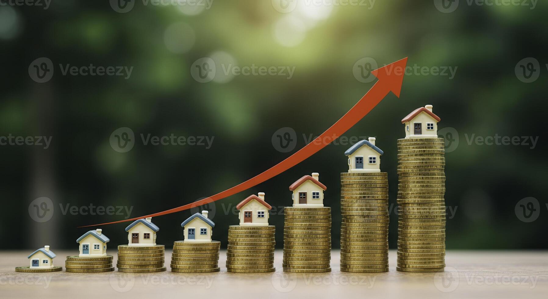 Rising real estate market concept. Miniature houses on stacks of coins with an upward trending arrow, symbolizing property value growth. photo
