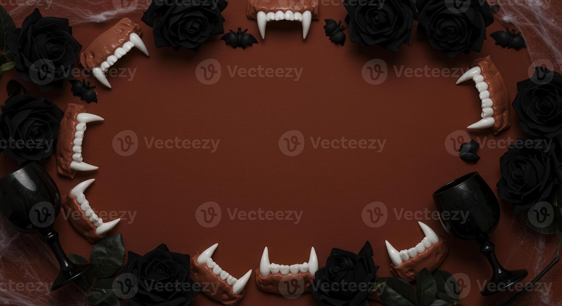 Halloween background with vampire teeth, black roses, goblets, and cobwebs on a blood red background. Perfect for themed designs and spooky promotions. photo