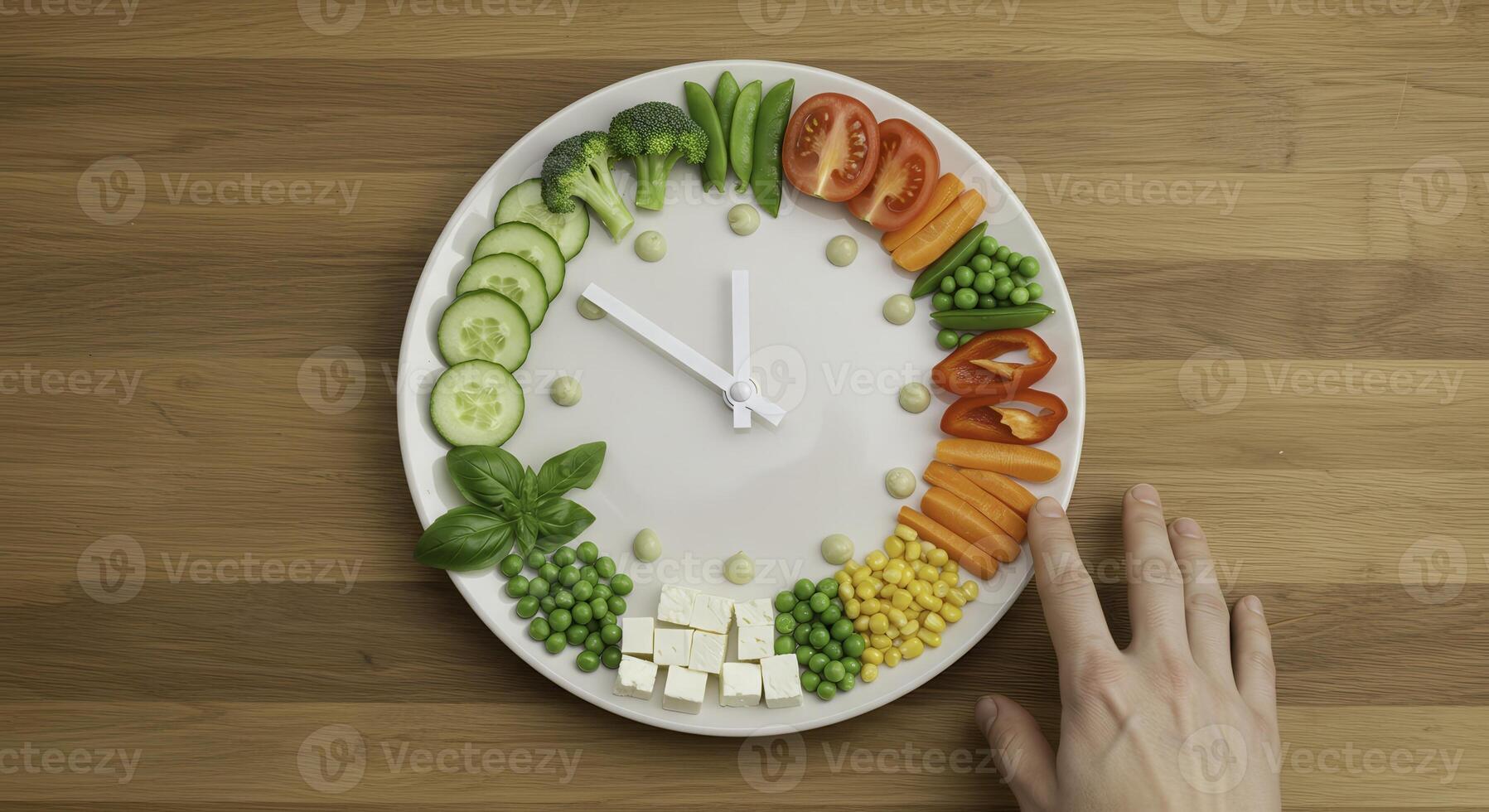 Clock made of vegetables and cheese on a plate. Concept of healthy eating, diet, and time management. photo