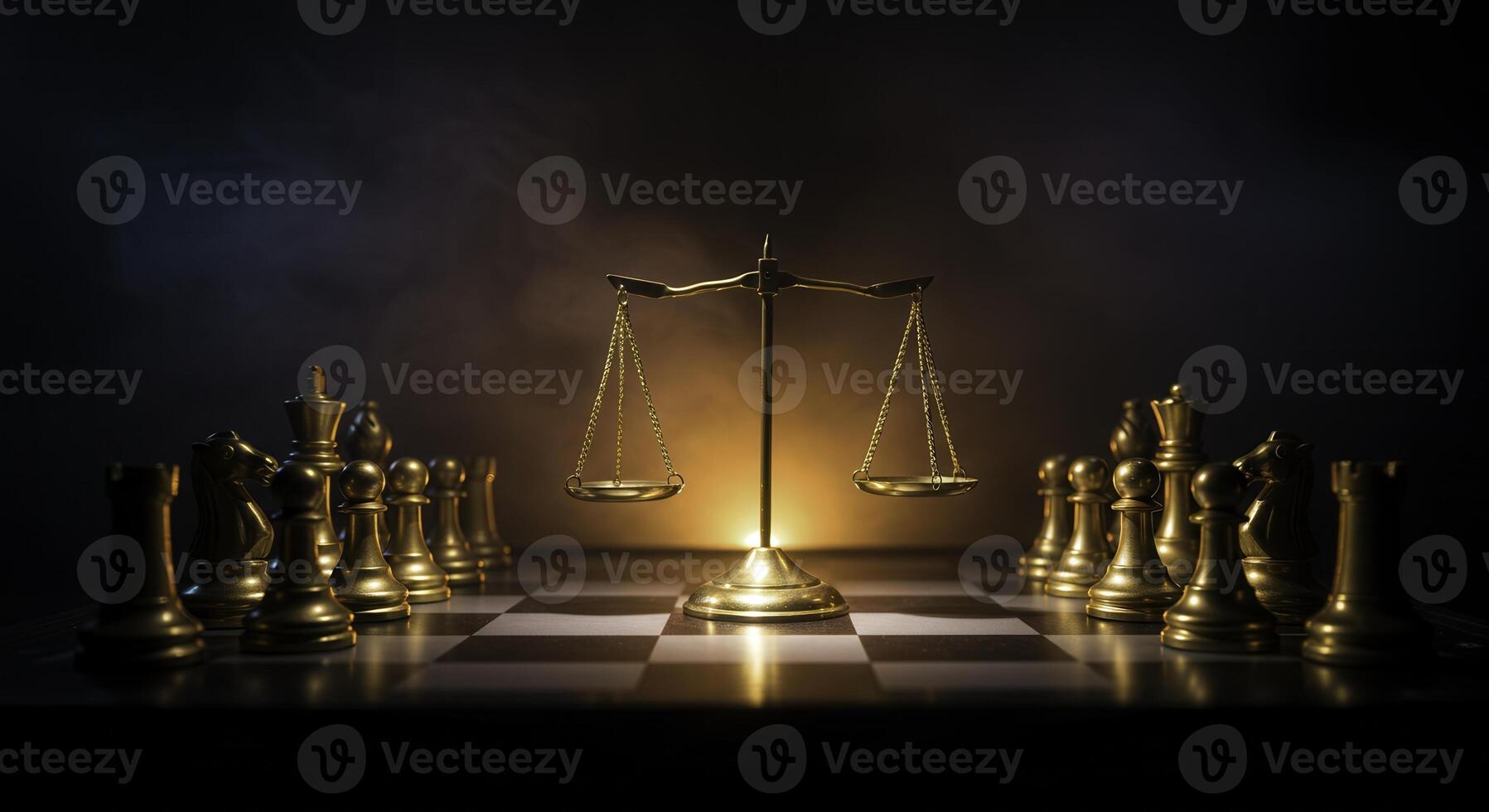 A symbolic representation of justice and strategy, featuring a golden balance scale surrounded by chess pieces on a chessboard, evoking themes of decision making and competition. photo