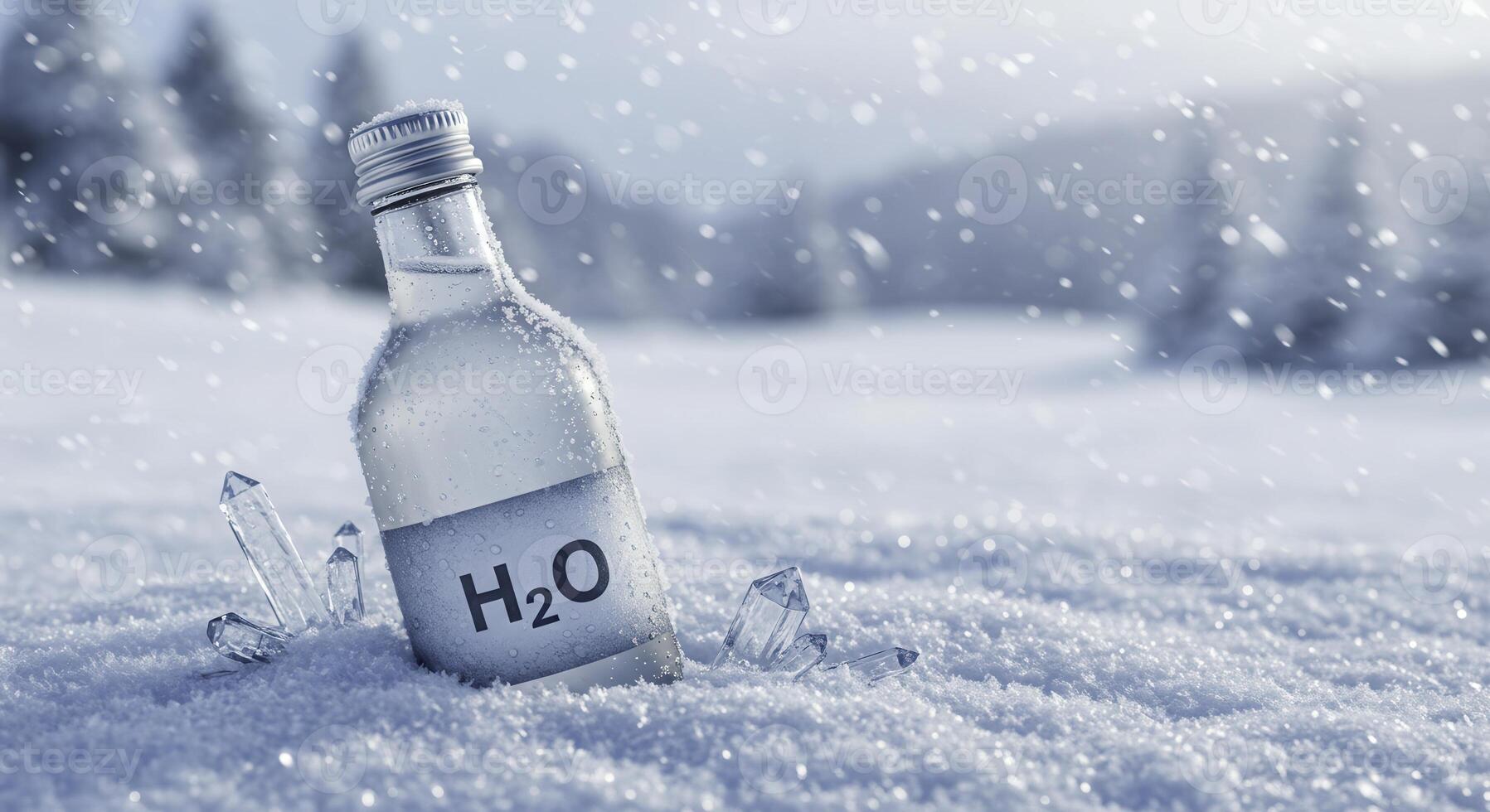Frosted glass bottle labeled H2O sits nestled in snow and ice crystals. The bottle, capped in silver, is partially covered in frost. Winter scene with snow falling in the background. photo