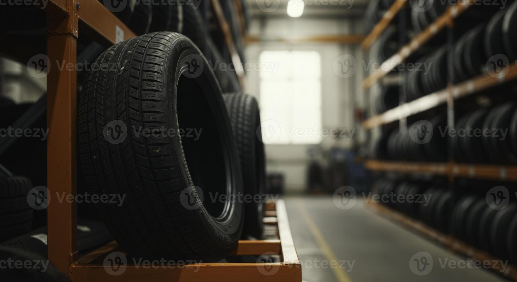 Tires are neatly arranged on shelves in a warehouse, showcasing organized storage and inventory management. The focus is on tire treads and smooth sidewalls in a softly lit setting. photo